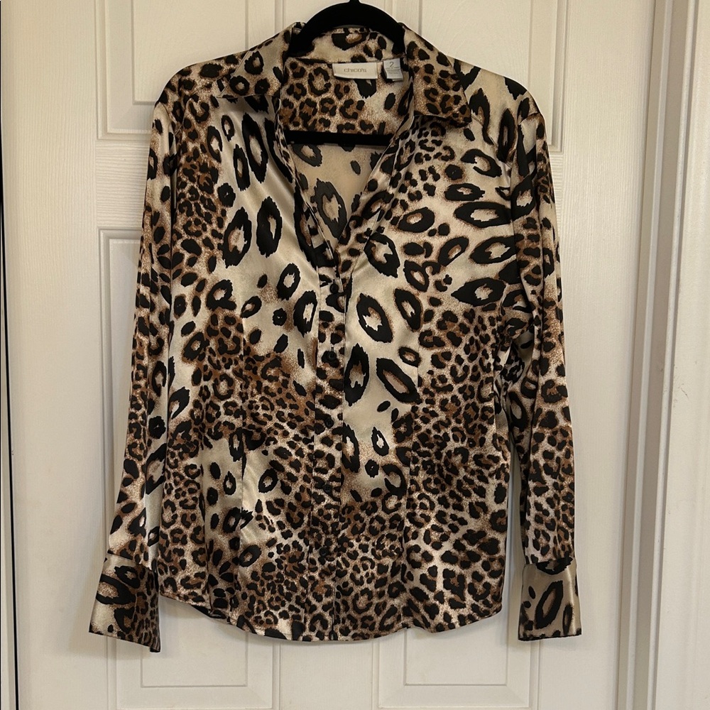Chico's Leopard-Print Satin Button-Down Shirt - Beige, Brown, Black